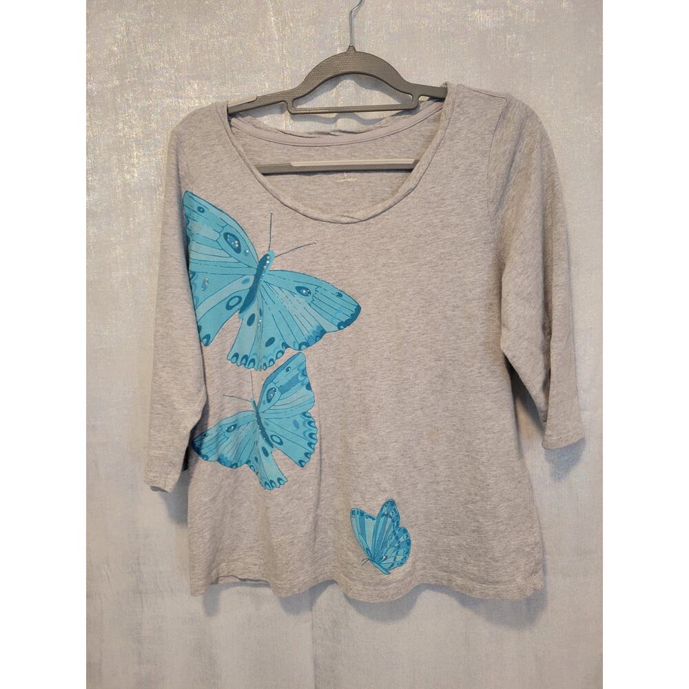Fashion Bug Large Gray Blue‎ Butterfly 3/4 Sleeve TShirt Y2K Festival Whimsy